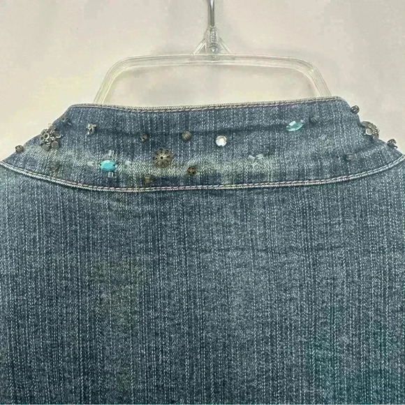 Christopher & Banks Denim Jacket Embroidered Stretch Womens Sz Large Snap Button - Picture 11 of 16